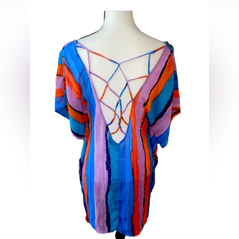 Palisades Beach Club Sheer Brushed Stripe Tasseled Sides Swim Cover up XS/S NWOT